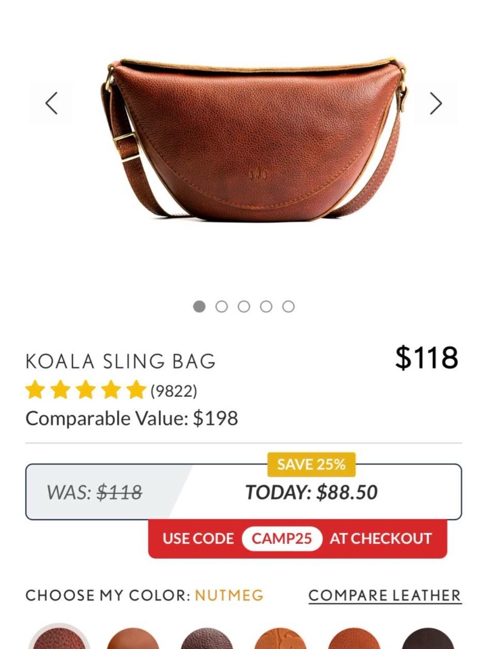 Portland Leather Koala Brown Leather Crossbody Bag in Nutmeg size Large - Picture 2 of 3